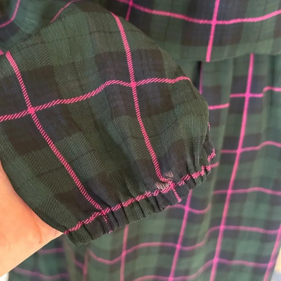 J. Crew Factory | Green & Pink Tartan Plaid Long Sleeve Dress w/Tie Neck - Picture 7 of 11